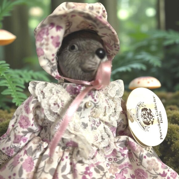 6.5” Porcelain Mouse Doll in Bonnet & Calico Dress – Cloth Body, Bisque Head/Han - Picture 2 of 8